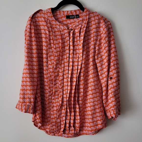 A.N.A. A New Approach Long Sleeve Blouse Orange + Pink Elephants Pleated Front - Picture 10 of 15